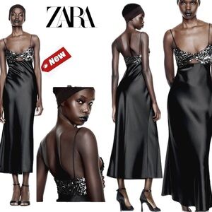 Zara black satin effect sequin V-neck midi slip dress spaghetti strap Sz S NWT